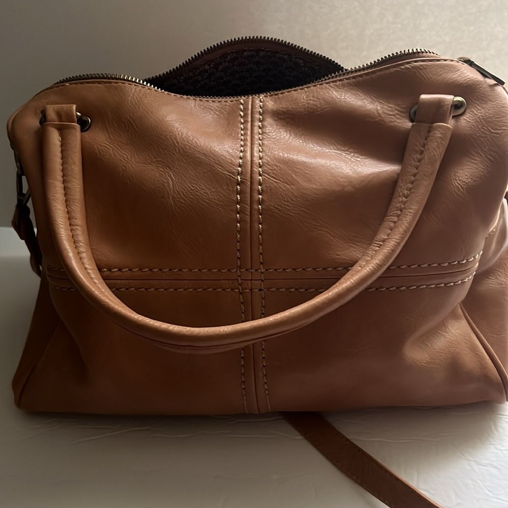 Antik Kraft Vegan Leather Satchel, camel w/retro print fabric lining. - Picture 9 of 9